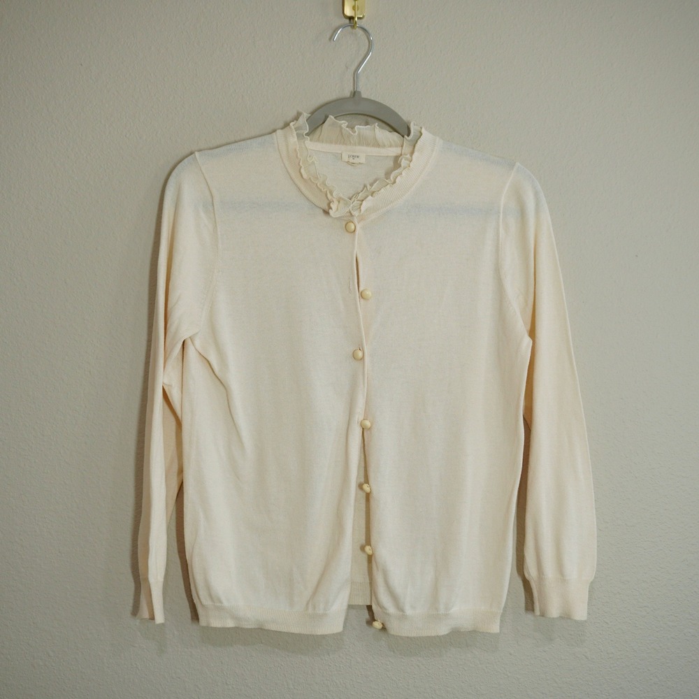J. Crew Cream Ruffle Neck Cotton Cardigan Sweater Ivory Delicate Balletcore Soft